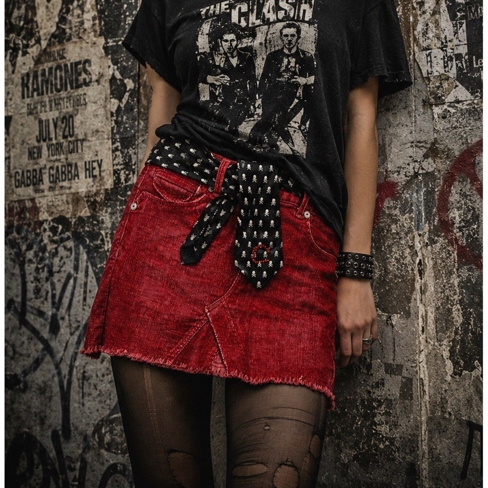 Candies Vintage Red Corduroy Mini Skirt Skull Belt Rhinestone Y2K Size 7